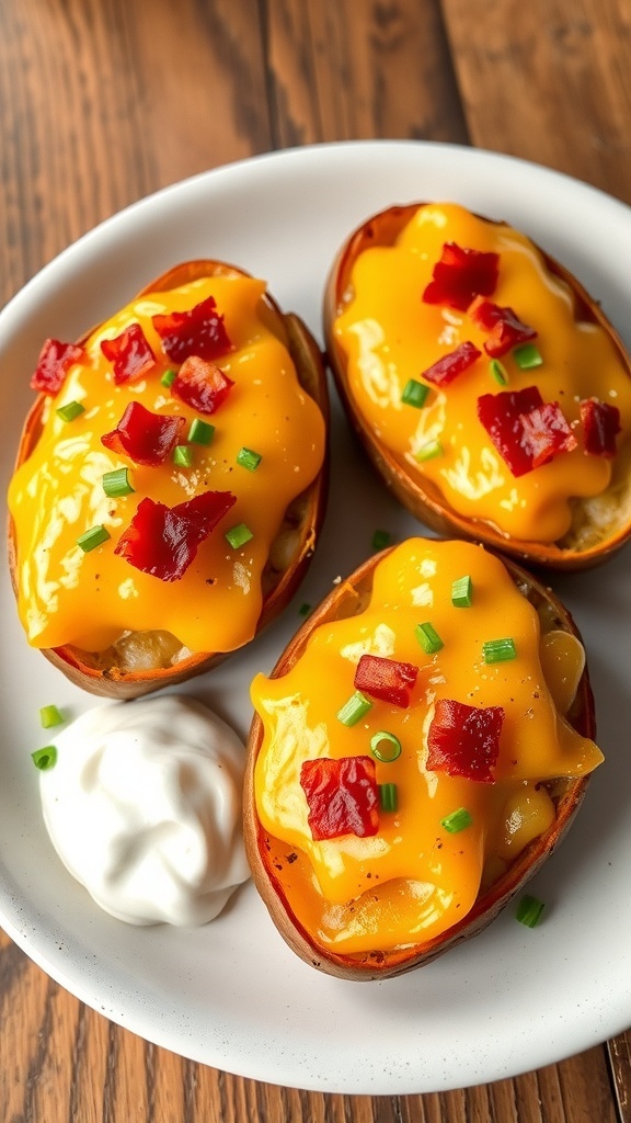 Cheesy jacket potato toast topped with melted cheese, bacon, and chives on a rustic table.